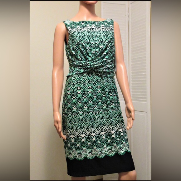 NWT Donna Morgan Womens Size 10 Turf Green & Black Spotted Stretchy Dress - Picture 1 of 10